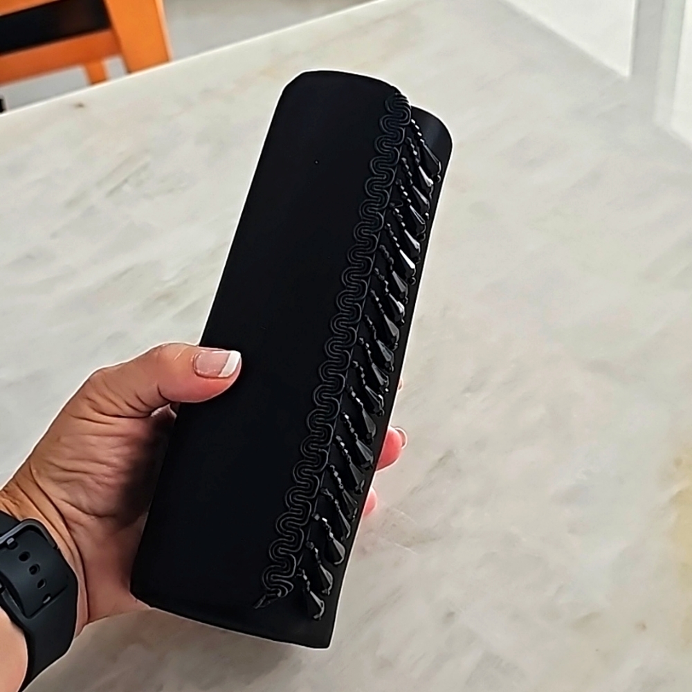 MAC Evening Cosmetics Black Satin Beaded Fringe Clutch Magnetic Closure NEW